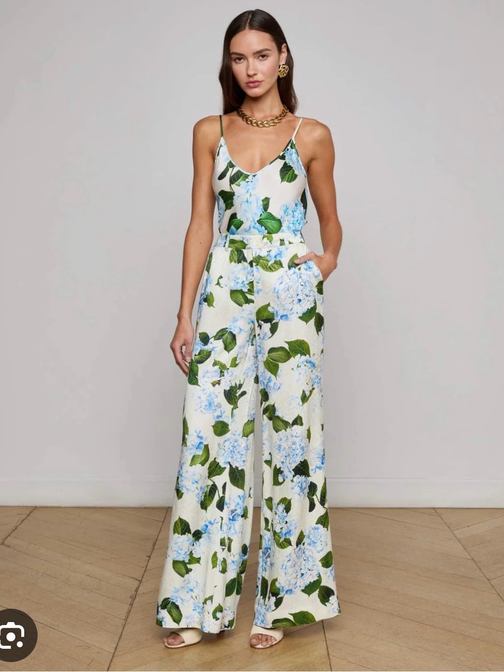 L'AGENCE Cream Wide-Leg Floral trousers with Blue and Green Print
